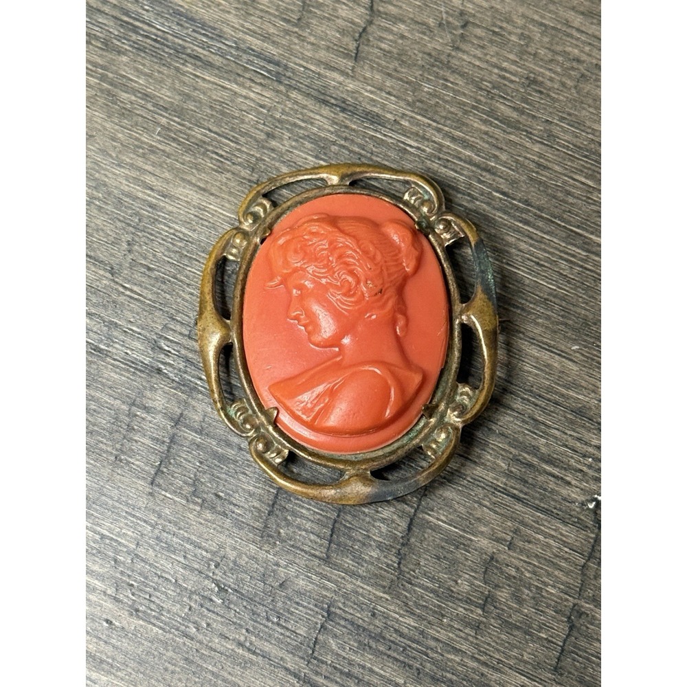 Antique Faux Coral Celluloid Cameo Brooch Estate Framed